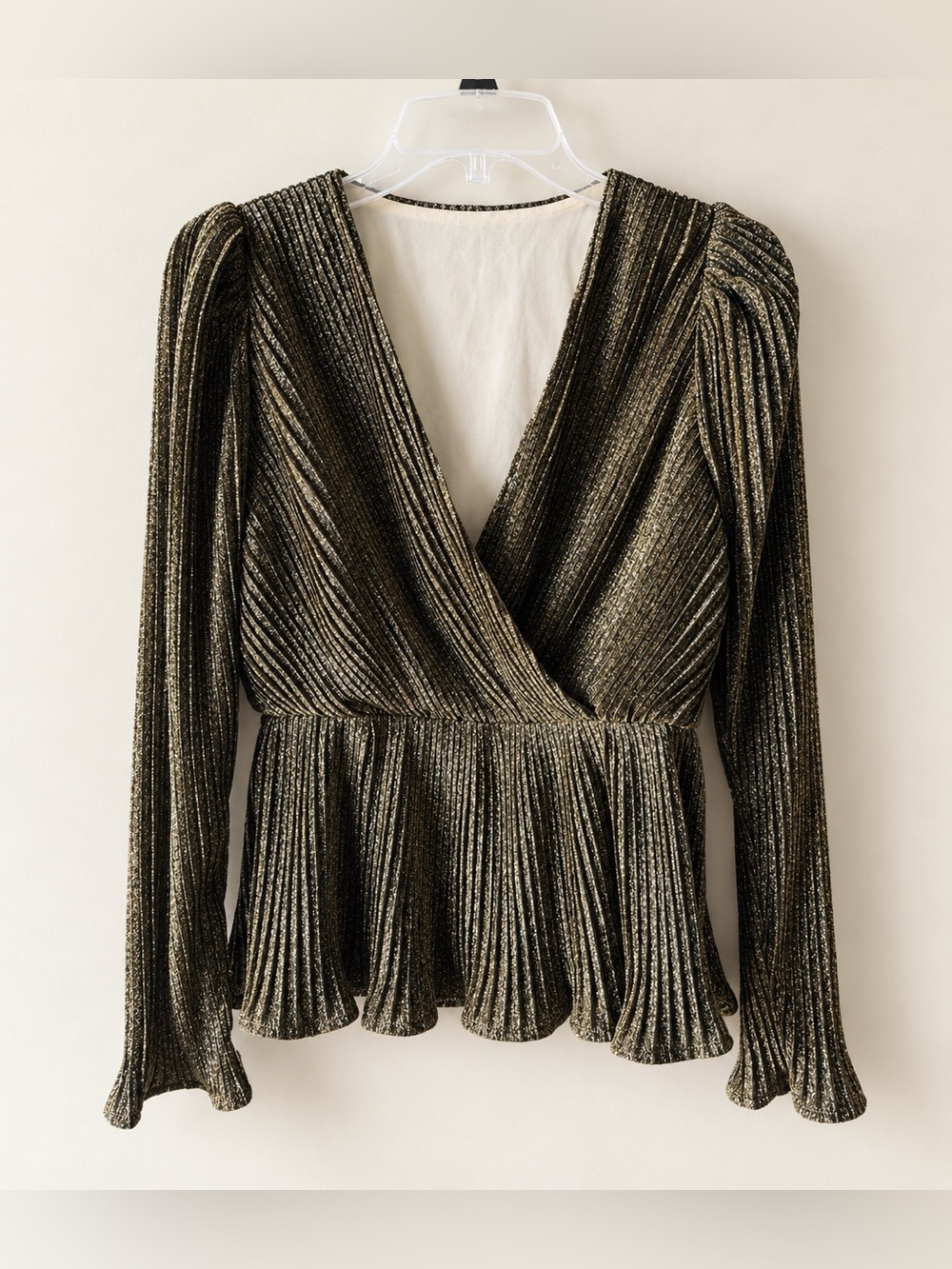 Endless Rose Gold Black Metallic Surplice Peplum Top NWOT S #1482
